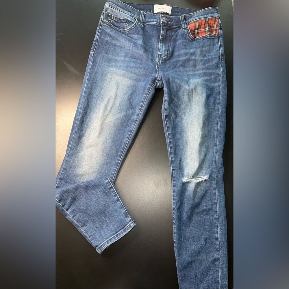 Current Elliott Plaid Patch Blue Skinny Jeans Size 28 Euc